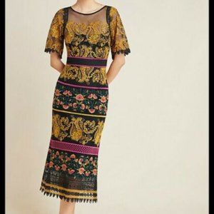 Anthropologie Jacquin Embroidered Midi Dress sz 2